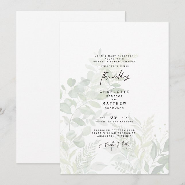 Invitación Boda en cascada botánica de vegetación (Anverso / Reverso)