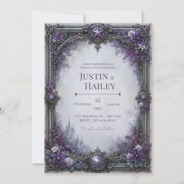 Invitación Boda en Castillo Gótico Púrpura (Anverso)