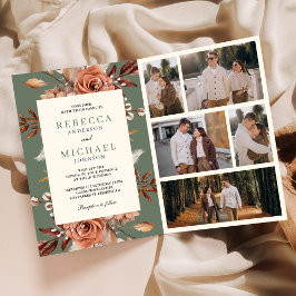 Invitación Boda en crema terracota floral código QR verde sal