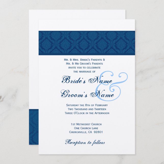Invitación Boda en Damasco de Diamantes Azul y Blanco de la M (Anverso / Reverso)