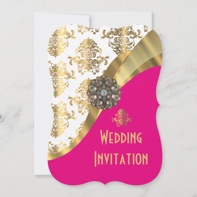 Invitación Boda en damasco dorado y rosa brillante de lujo (Reverso)