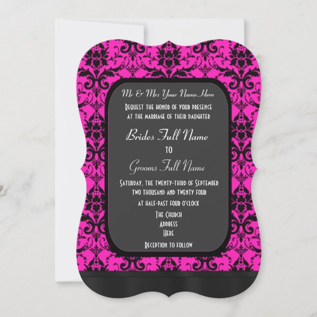 Invitación Boda en damasco negro y rosa caliente (Anverso)