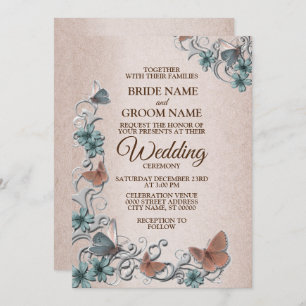 Invitación Boda en  de la mariposa de cobre floral de plata v