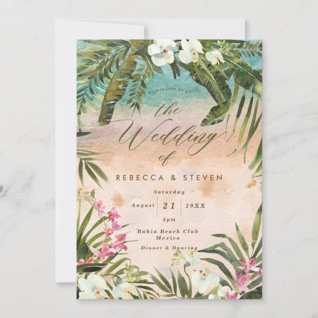 Invitación boda en destino de playa con hoja de palma tropica (Anverso)