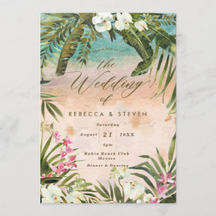 Invitación boda en destino de playa con hojas de palmeras tro