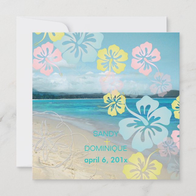 Invitación Boda en destino de playa de arena/hibisco (Anverso)
