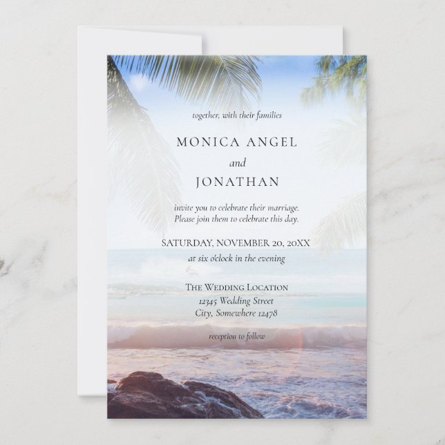Invitación Boda en destino de playa tropical con palmeras (Anverso)