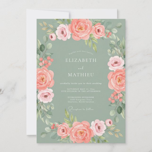 Invitación Boda en el borde de flor de coral (Anverso)