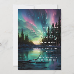 Invitación Boda en el bosque bajo el cielo nocturno de aurora