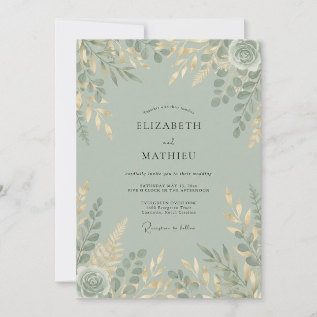 Invitación Boda en el bosque con brillo verde salvia (Anverso)