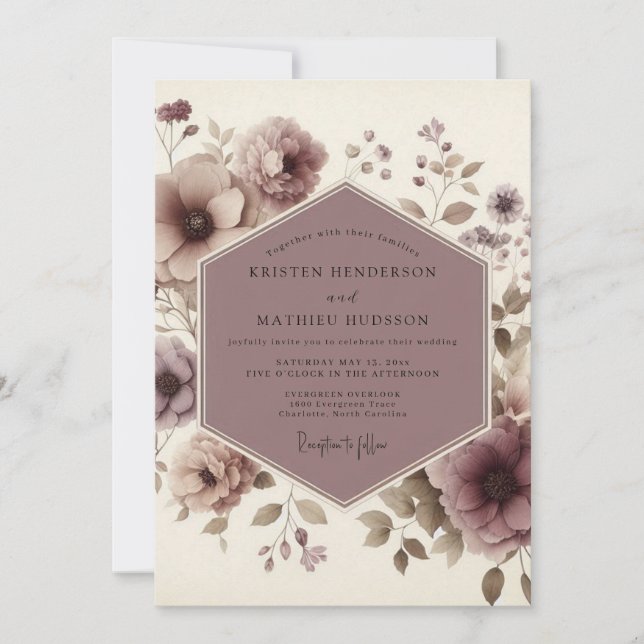 Invitación Boda en el bosque con floración malva (Anverso)