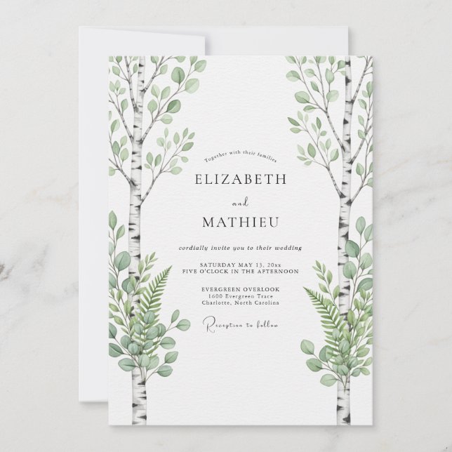 Invitación Boda en el bosque de abedul verde salvia (Anverso)