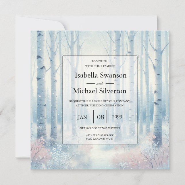Invitación Boda en el Bosque de Abedules Azules Helados (Anverso)