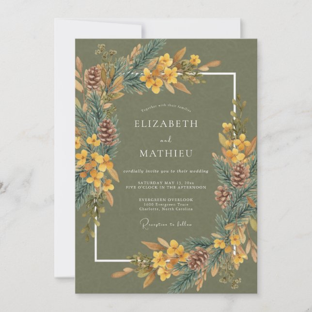 Invitación Boda en el bosque de madera de piña oliva (Anverso)