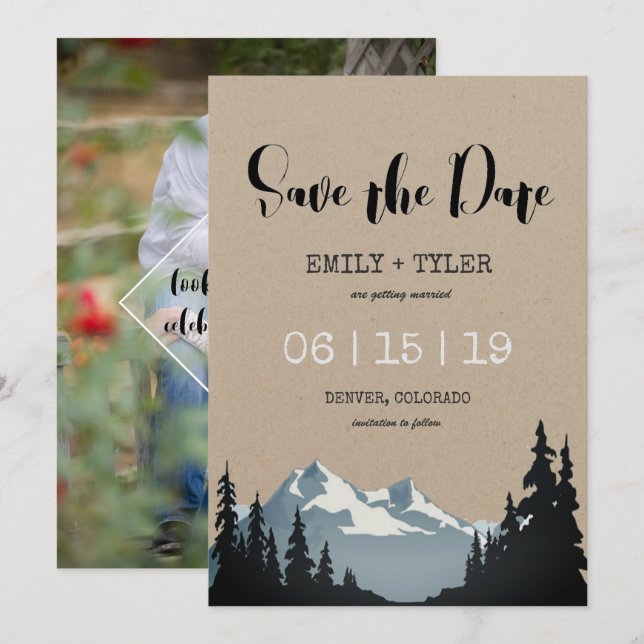 Invitación Boda en el bosque de montaña, guardar la fecha (Anverso / Reverso)