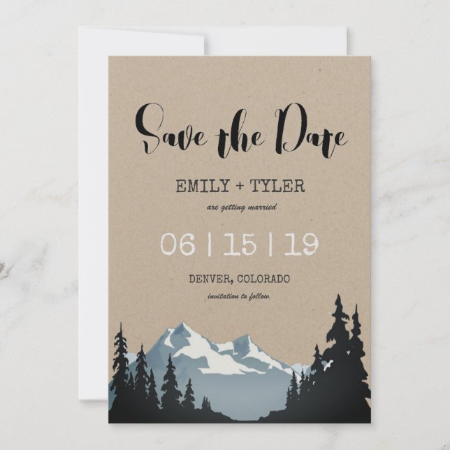Invitación Boda en el bosque de montaña, guardar la fecha (Anverso)