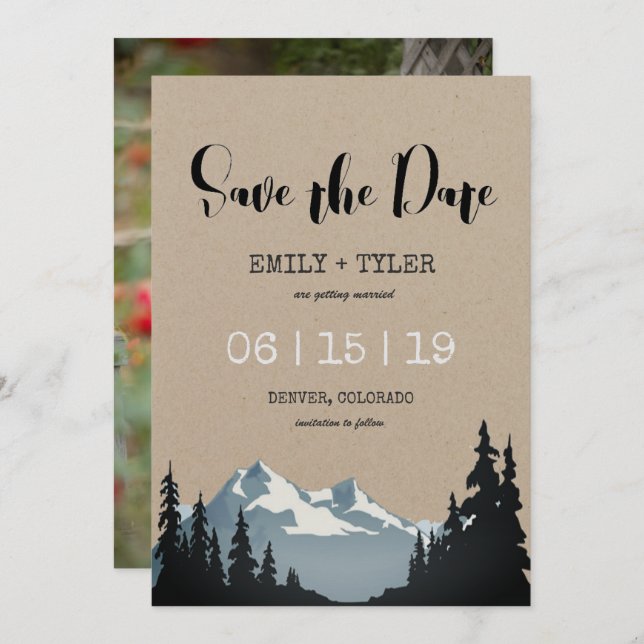 Invitación Boda en el bosque de montaña, guarde la fecha (Anverso / Reverso)