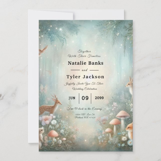 Invitación Boda en el Bosque Encantado de Melocotón y Turques (Anverso)