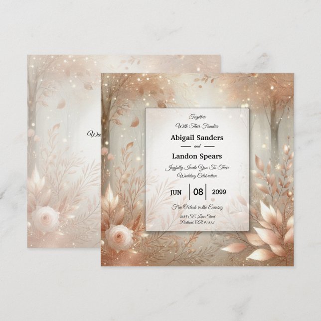 Invitación Boda en el Bosque Encantado de Rosa Áurea de Palo  (Anverso / Reverso)