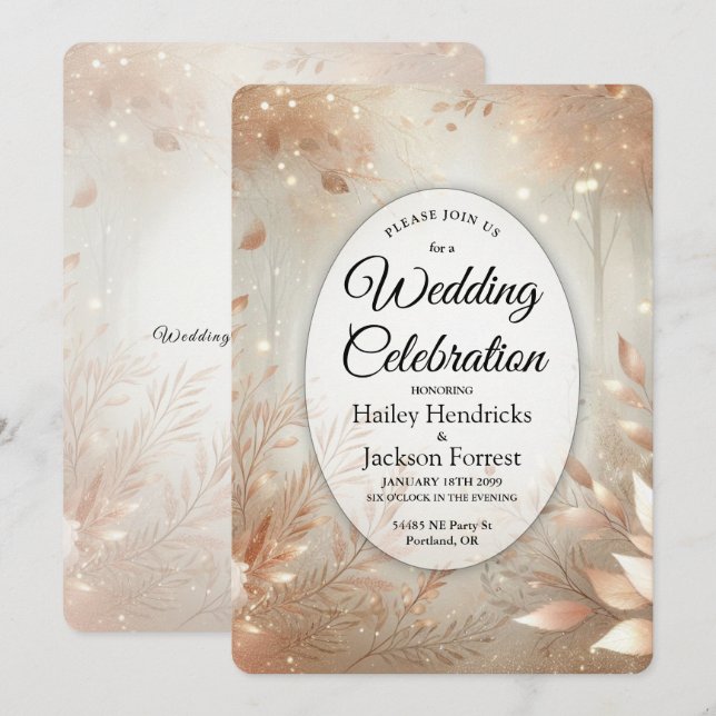 Invitación Boda en el Bosque Encantado de Rosa Áurea de Palo  (Anverso / Reverso)