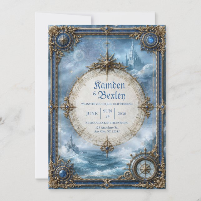 Invitación Boda en el Castillo de la Brújula de Zafiro (Anverso)