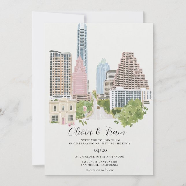 Invitación Boda en el horizonte de la ciudad de Austin Texas (Anverso)