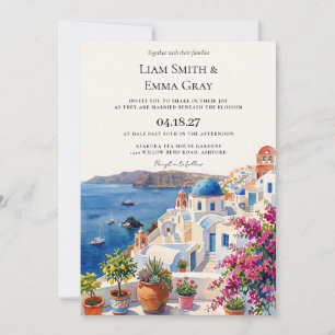 Invitación Boda en el horizonte de Santorini Grecia con acuar