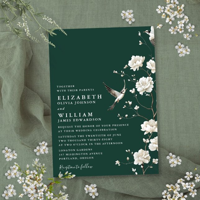 Invitación Boda en el jardín floral de Chinoiserie verde esme (Emerald Green Chinoiserie Floral Garden Wedding Invitation)