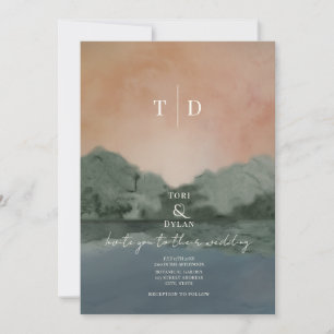 Invitación Boda en el lago con montañas inspiradas en acuarel