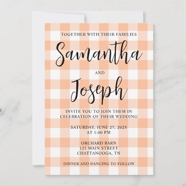 Invitación Boda en el país de Peach and White Gingham (Anverso)