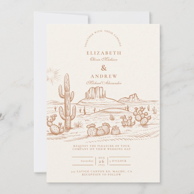 Invitación Boda en el paisaje desértico de Cactus Boho Occide (Anverso)