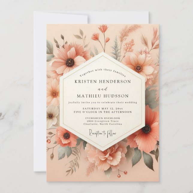 Invitación Boda en el prado artístico de melocotón (Anverso)