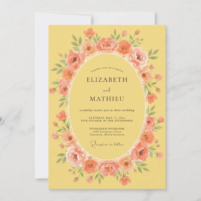 Invitación Boda en el prado floral de melocotón (Anverso)