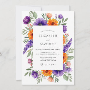 Invitación Boda en el prado vivaz de ciruela y mandarina