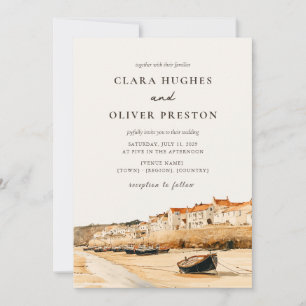 Invitación Boda en el puerto de Cornwall con guión en marfil 