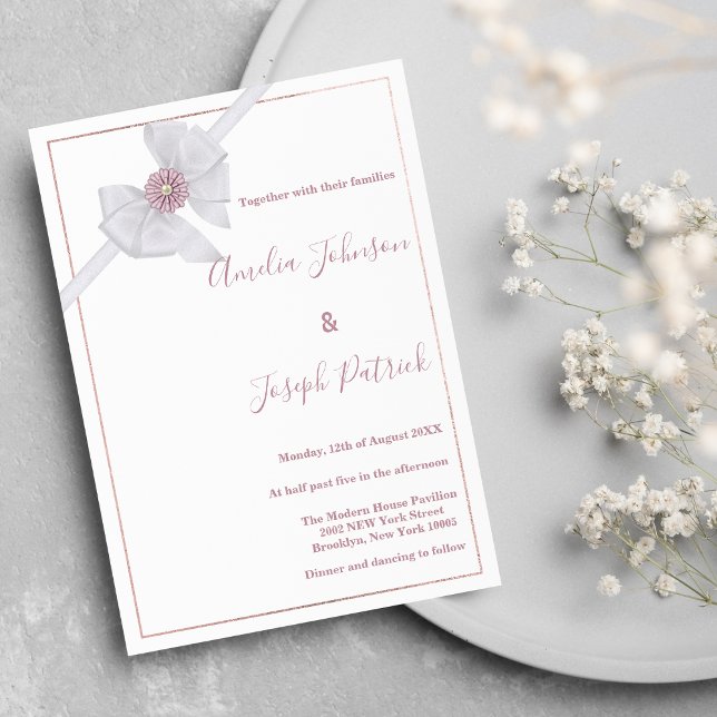 Invitación Boda en flor rosa del arco de seda blanca Invitaci (White silk bow pink flower wedding)