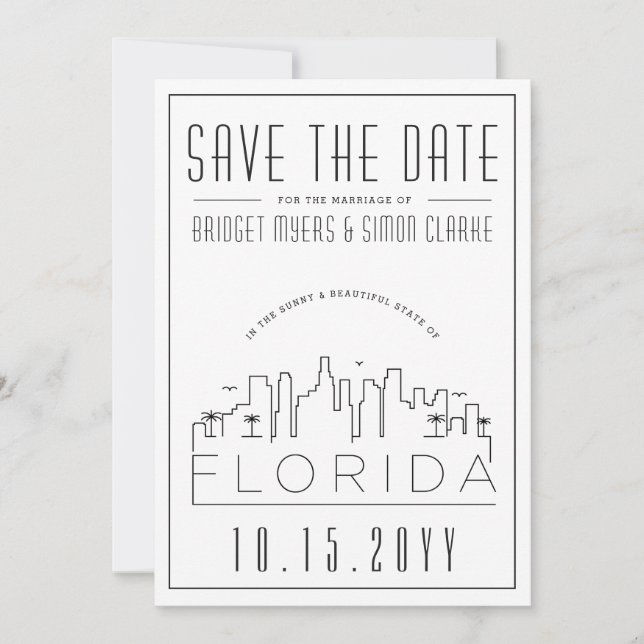 Invitación Boda en Florida | Silueta estilizada de la ciudad, (Anverso)