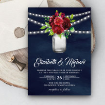 Boda en frasco de Mason floral rojo Borgoña azul m