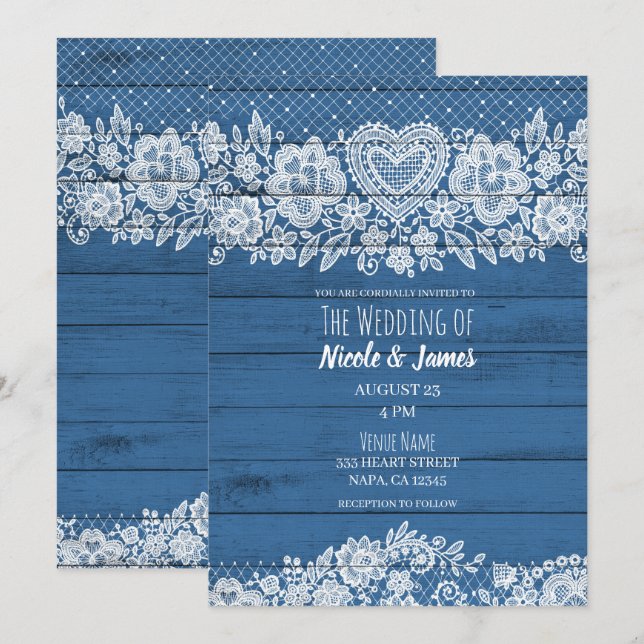 Invitación Boda en granero rústico de madera azul con encaje (Anverso / Reverso)