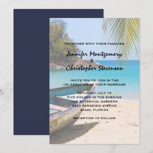Invitación Boda en hermosa playa tropical con bote de remos