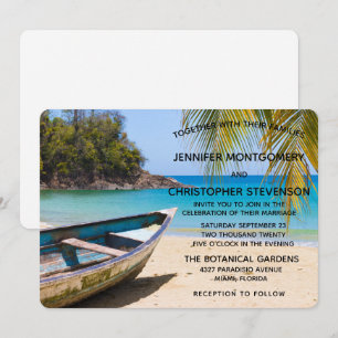 Invitación Boda en hermosa playa tropical con bote de remos