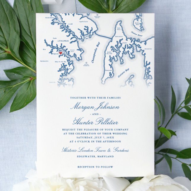 Invitación Boda en Historic London Town Annapolis MD (Historic London Town Wedding Invitation Annapolis MD Wedding in Navy Blue by Coastal Map Designs)