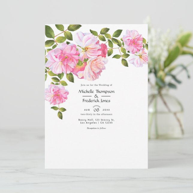 Invitación Boda en jardín de rosas rosadas (Anverso de pie)