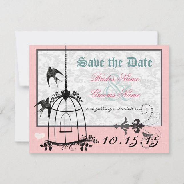 Invitación Boda en jaula de pájaro de Damask rosa Guardar la  (Anverso)
