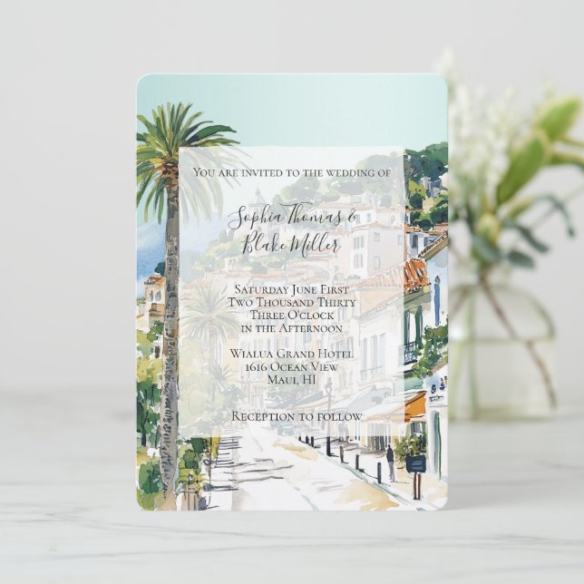 Invitación Boda en la ciudad costera de la playa de la Rivier (Anverso de pie)