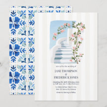 Boda en la isla griega de Santorini con buganvilla