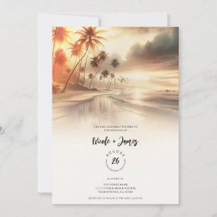 Invitación Boda en la playa al atardecer con palmeras y puest