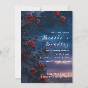 Invitación Boda en la playa al atardecer con rosa roja