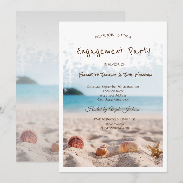 Invitación Boda en la Playa, Arena, Conchas de Compromiso (Anverso / Reverso)
