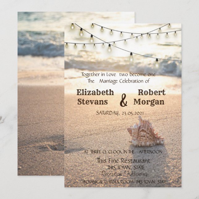 Invitación Boda en la Playa, Arena, Luces de Cadenas, Conchas (Anverso / Reverso)